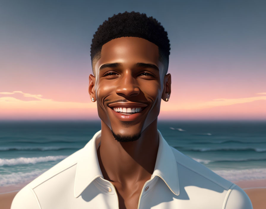 Smiling man with short afro hairstyle at beach sunset