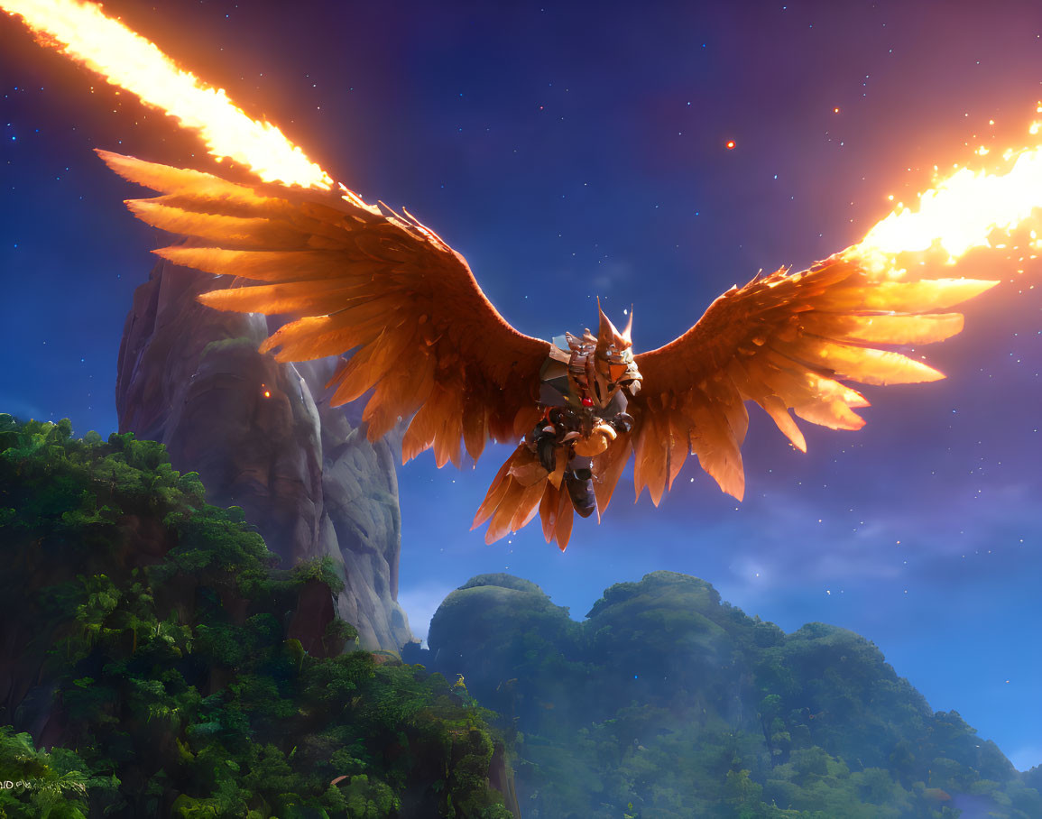 Fiery phoenix with warrior on back flying over green mountains