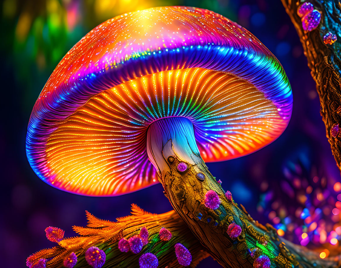 Colorful Illuminated Mushroom in Vibrant Fantasy Setting