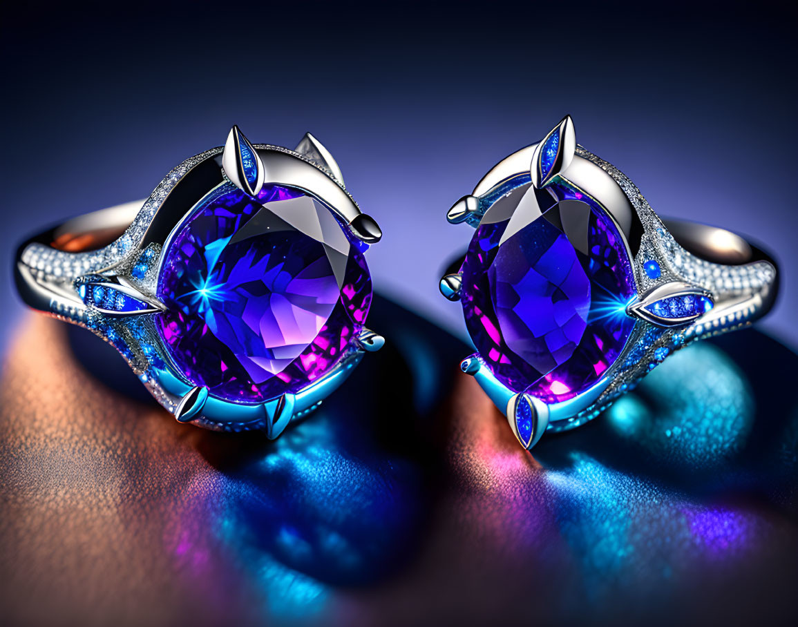 Ornate Rings with Large Purple and Small Blue Gemstones on Silver Settings