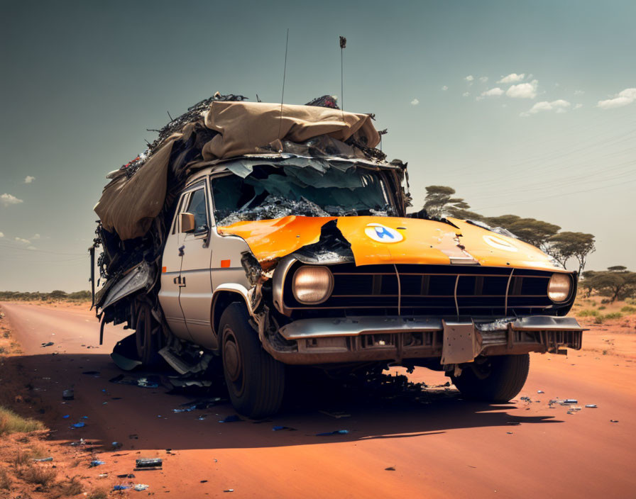 Abandoned old vehicle with damaged front on dusty desert road