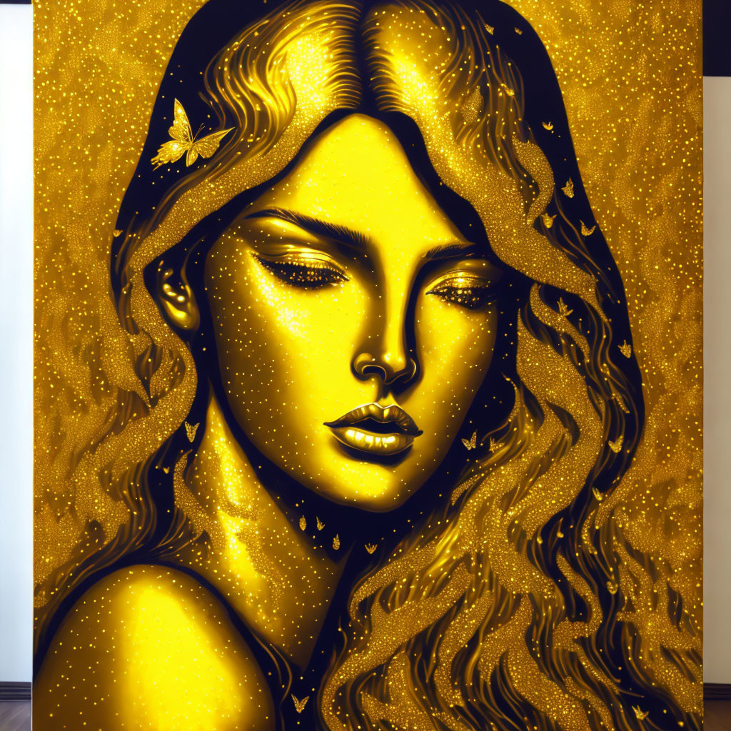 Golden woman with flowing hair and butterfly on forehead against starry background