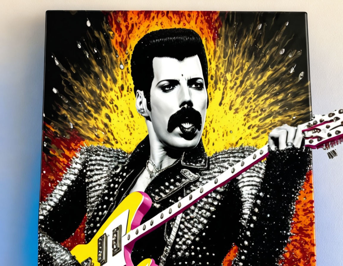 Colorful portrait of iconic male singer with flamboyant mustache and guitar in glittery outfit against