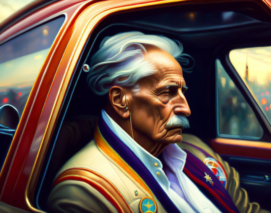 Elderly man with white hair and mustache in vintage car with medals