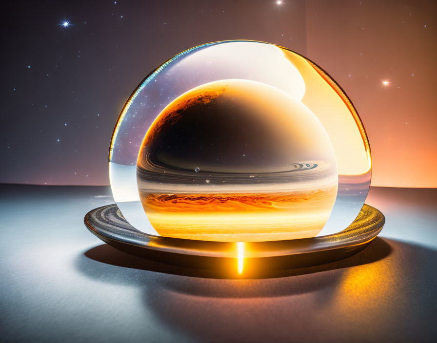 Glowing crystal ball with surreal space scene on stand