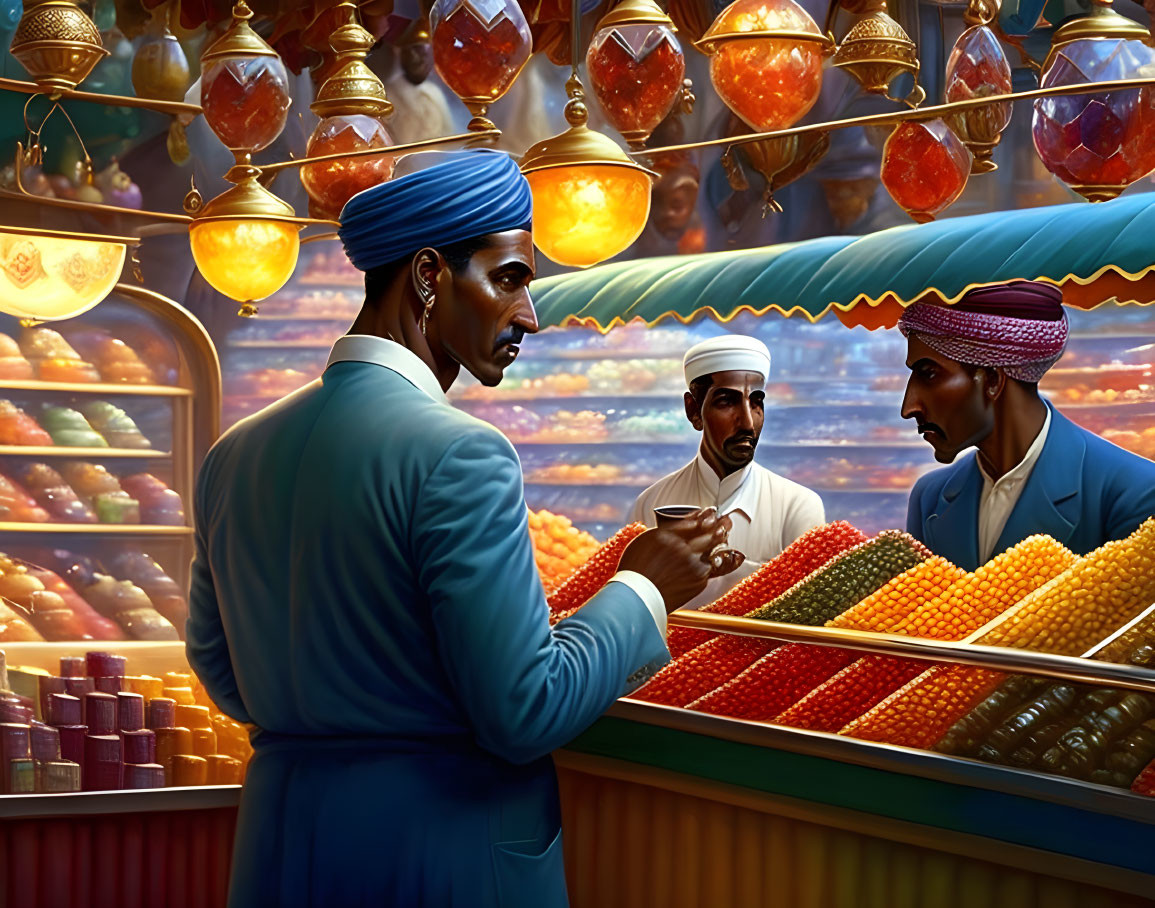 Men in traditional attire at vibrant spice market with colorful spices and lamps