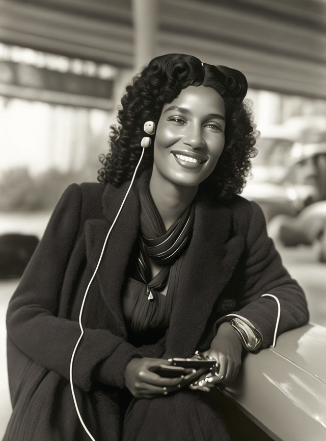 Vintage woman in curls smiles with earphones and smartphone, classic cars in soft-lit background