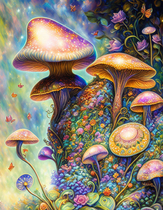 Colorful Fantasy Illustration of Luminous Mushrooms and Butterflies