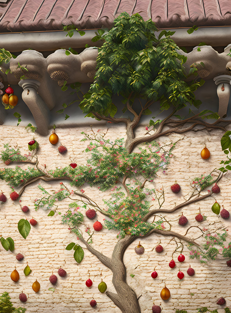 Digital image of lush fruit tree with red berries and yellow fruits against textured wall and tiled roof.