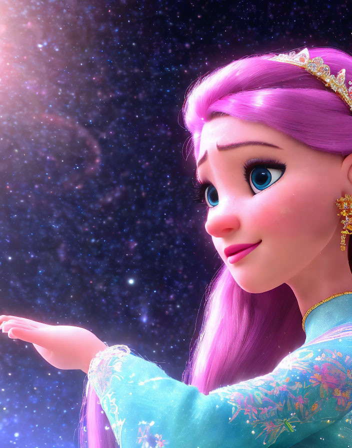 Pink-haired princess in blue dress and tiara, gazing at starlit sky