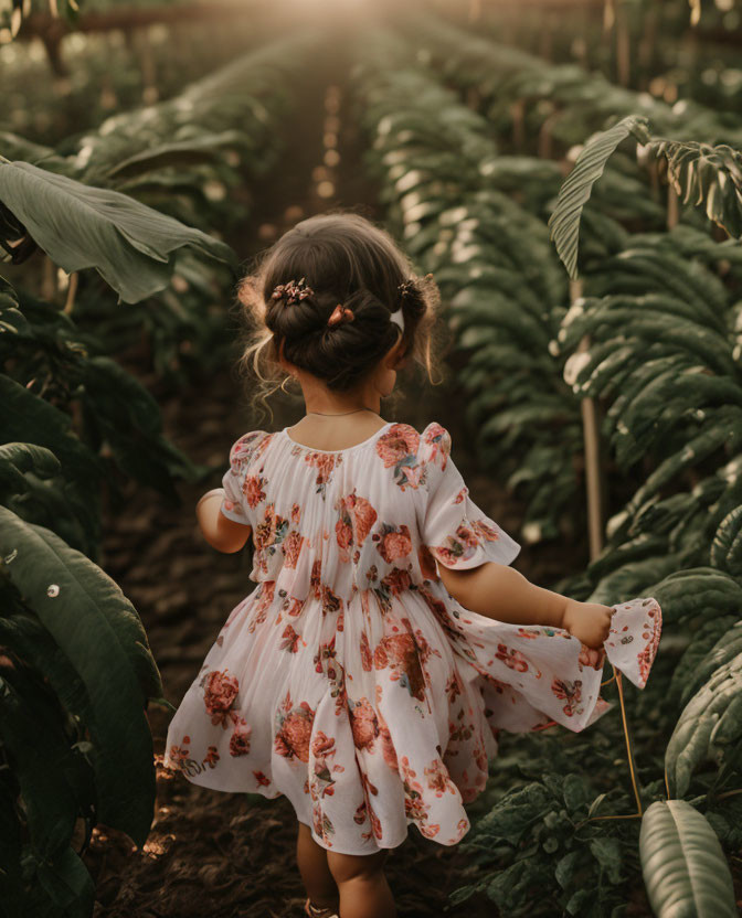 Young girl in floral dress with toy windmill in lush garden scene