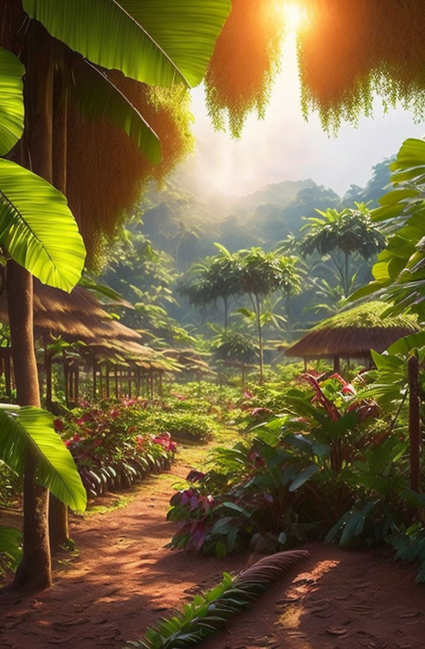 Tranquil Path Through Tropical Forest with Thatched Huts