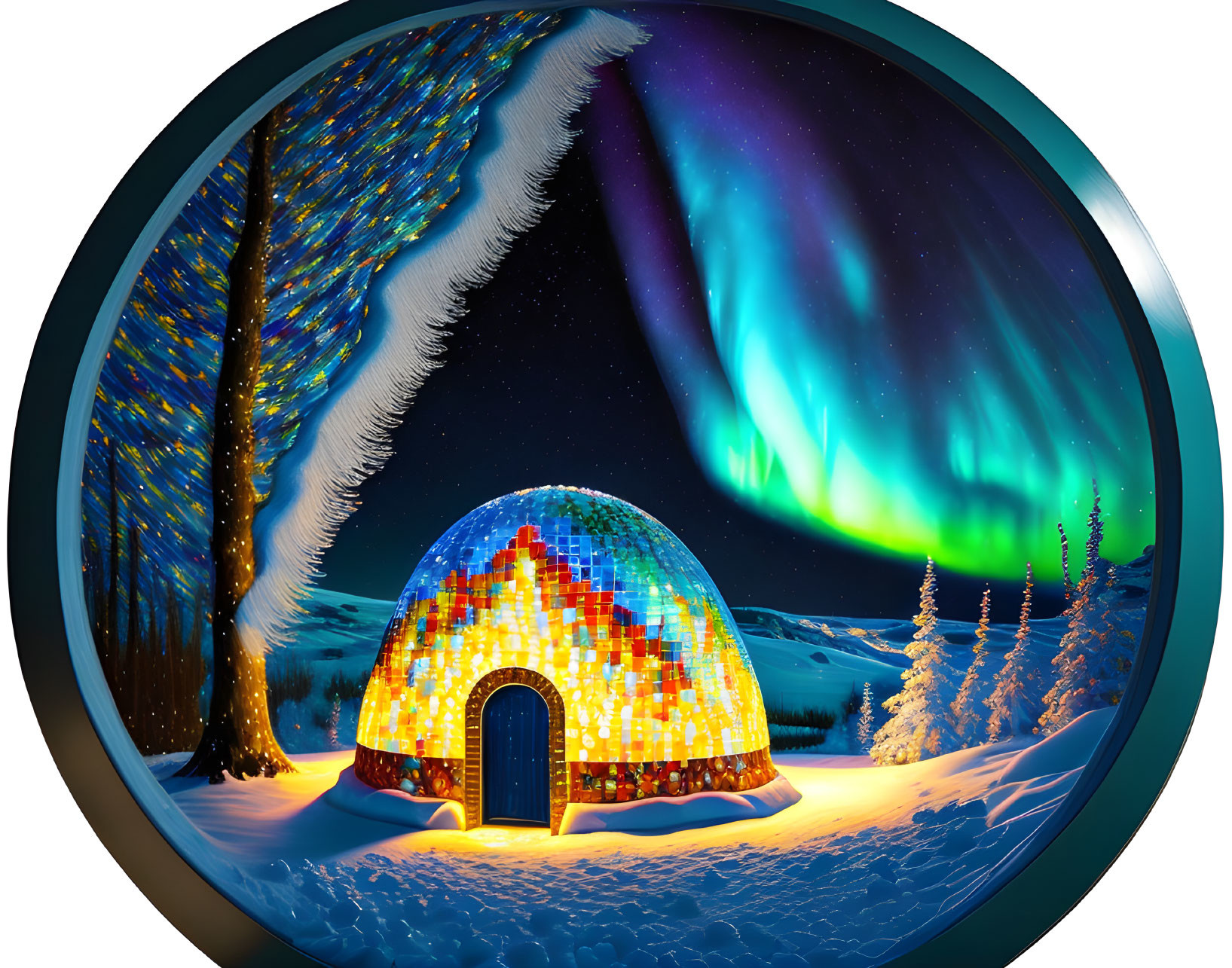 Vibrant Northern Lights over Snowy Igloo Scene