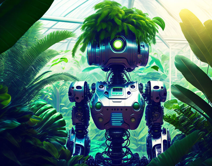 Futuristic robot with plant on head in serene greenhouse setting