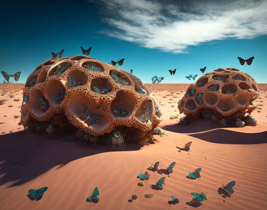 Surreal landscape with dome-shaped structures and flying butterflies