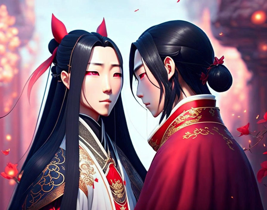 Traditional Asian Attire Characters with Red Demonic Horns in Red Blossom Setting