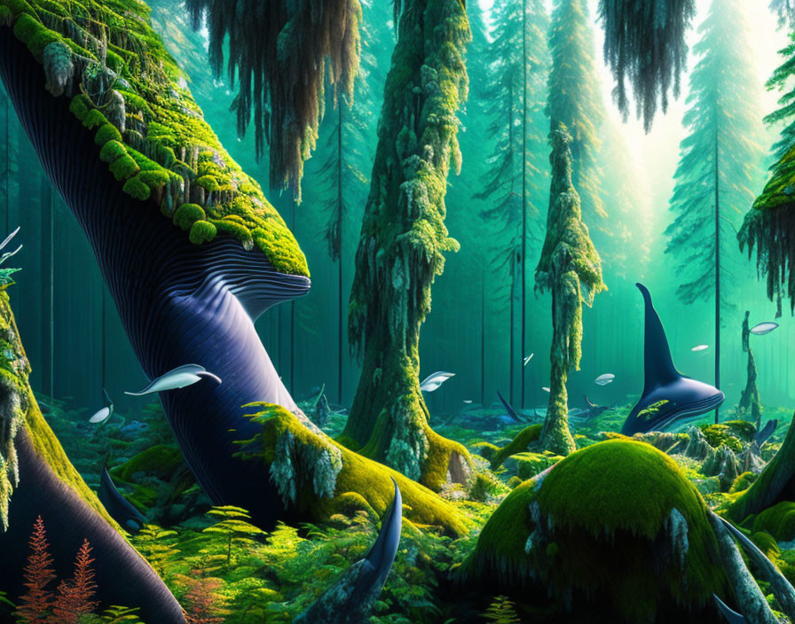 Surreal forest scene with orca whales and moss-covered trees