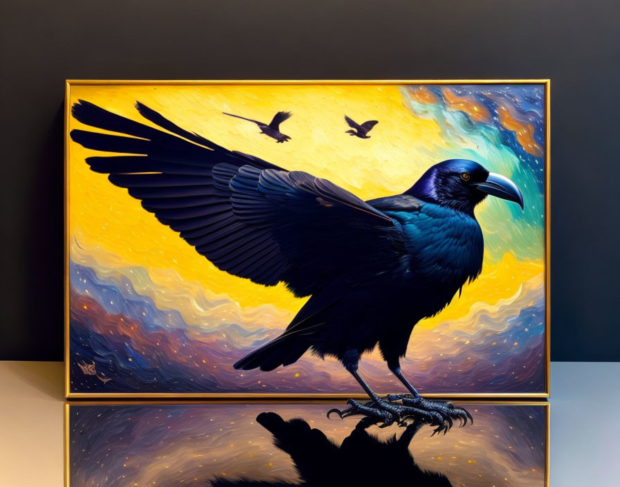 Colorful painting of a black raven and birds in swirling sky