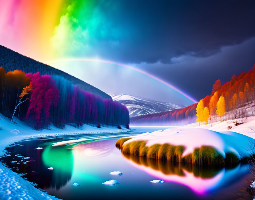 Digitally enhanced landscape with rainbow, river, snow, colorful trees, and dramatic sky