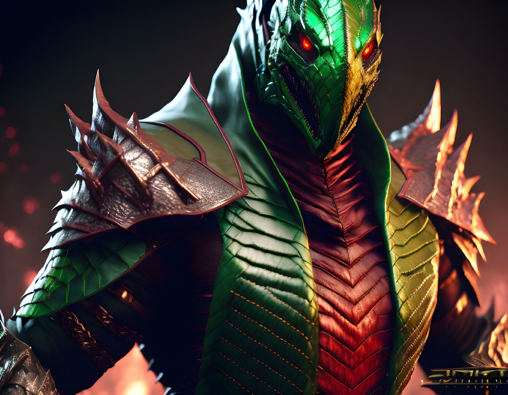 Detailed 3D Rendering of Green Dragon with Red Eyes and Sharp Scales