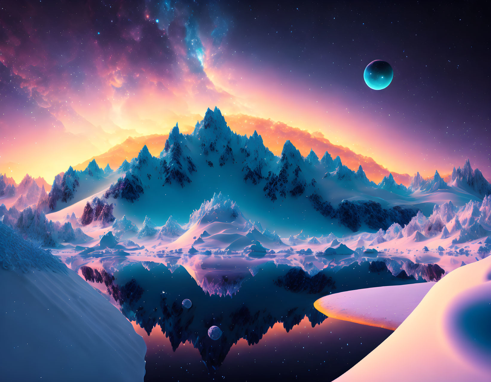 Colorful Alien Landscape: Snow-Capped Mountains, Tranquil Lake, Starry Sky