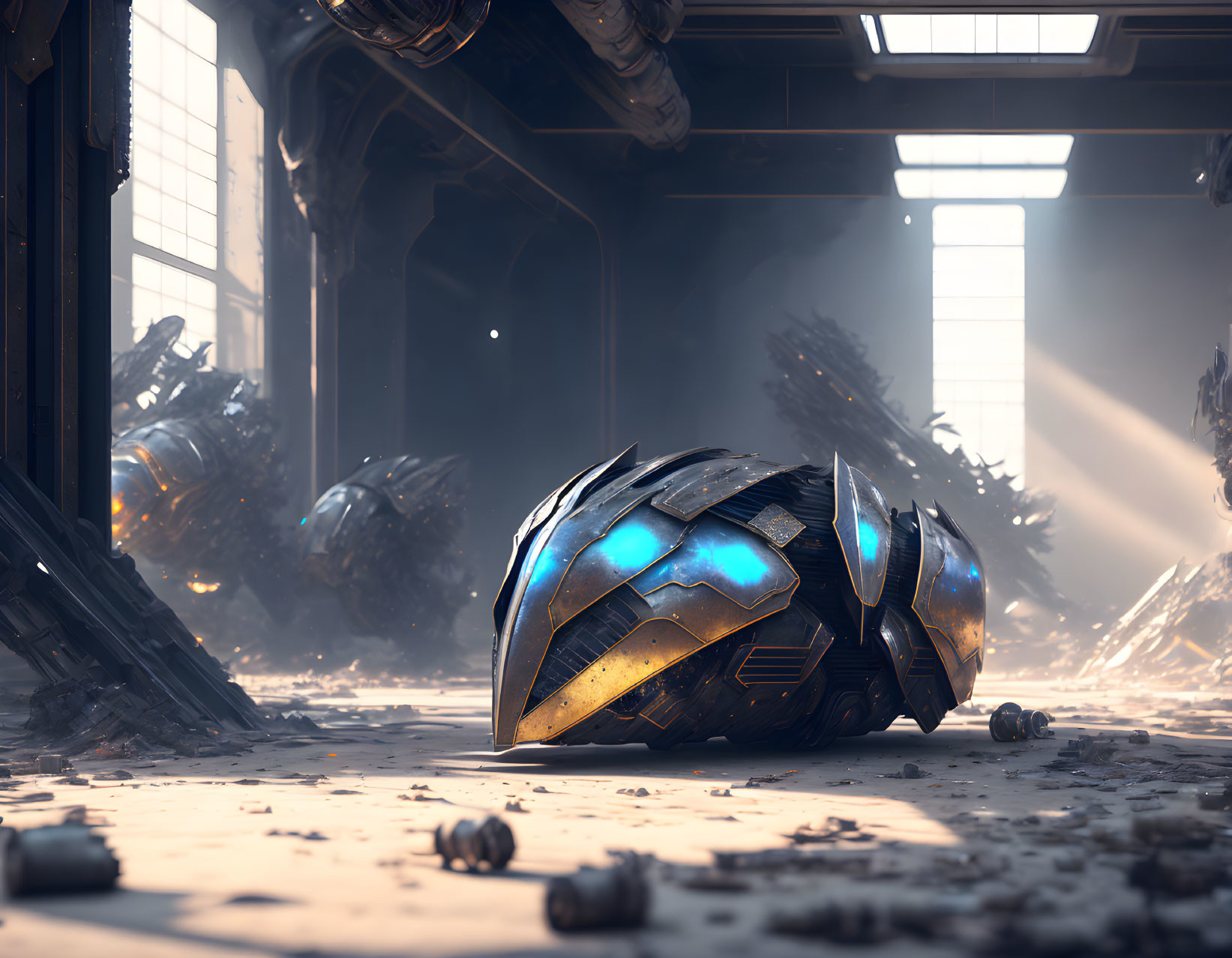 Futuristic blue-glow helmet in abandoned industrial setting