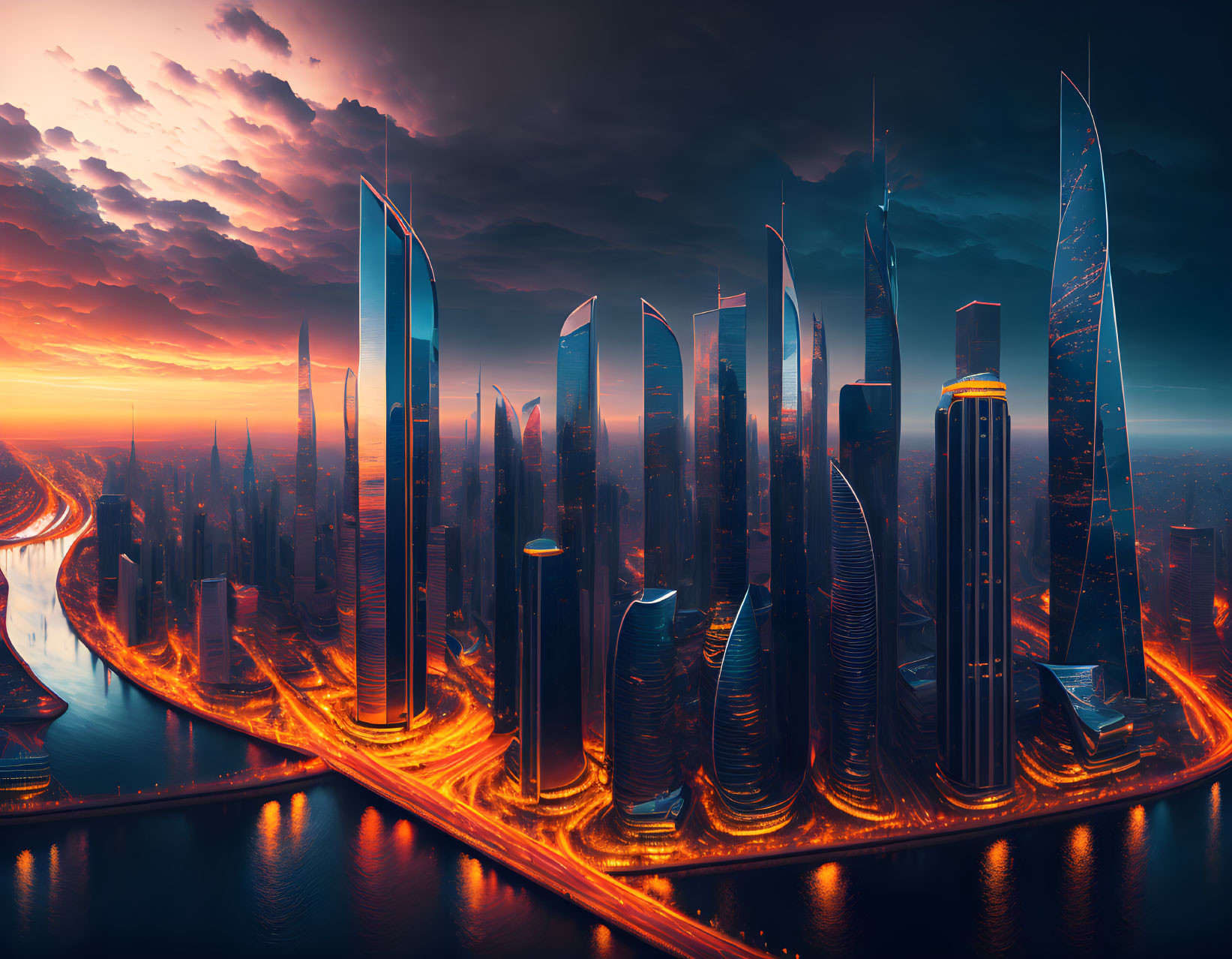 Futuristic cityscape at sunset with glowing orange roads and high-tech skyscrapers