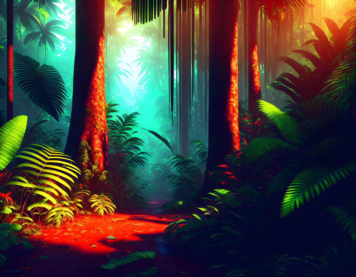 Lush forest pathway with neon hues and towering trees