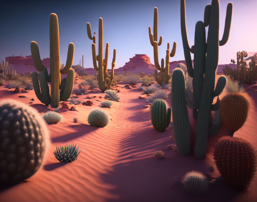 Desert landscape at dusk with tall cacti and long shadows