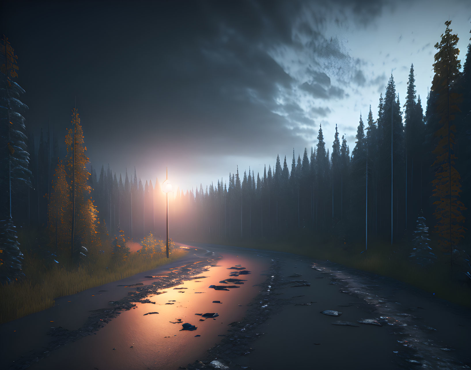 Deserted road with puddles reflecting setting or rising sun in dense forest.