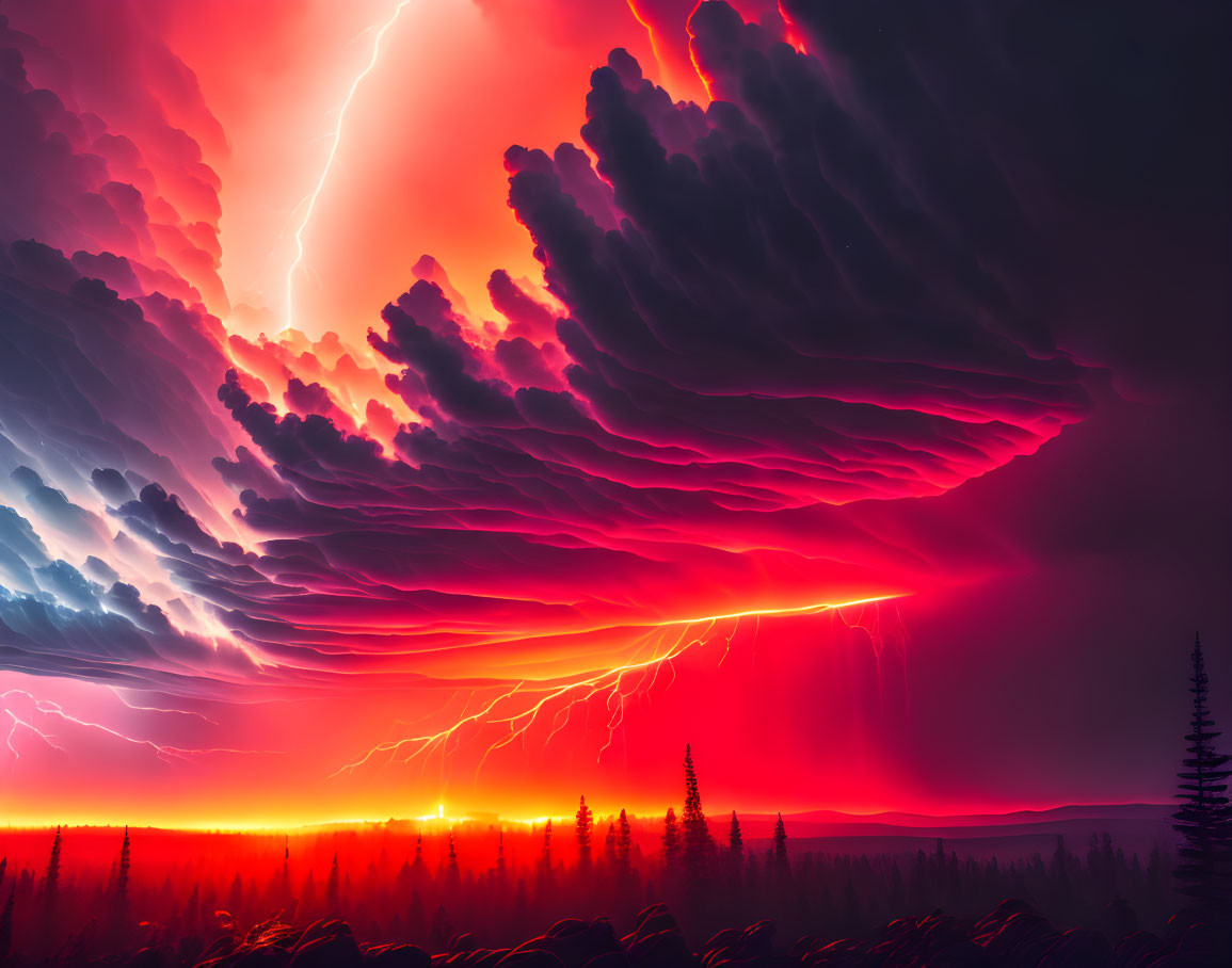 Vibrant red and purple sky over dramatic lightning storm near dark forest