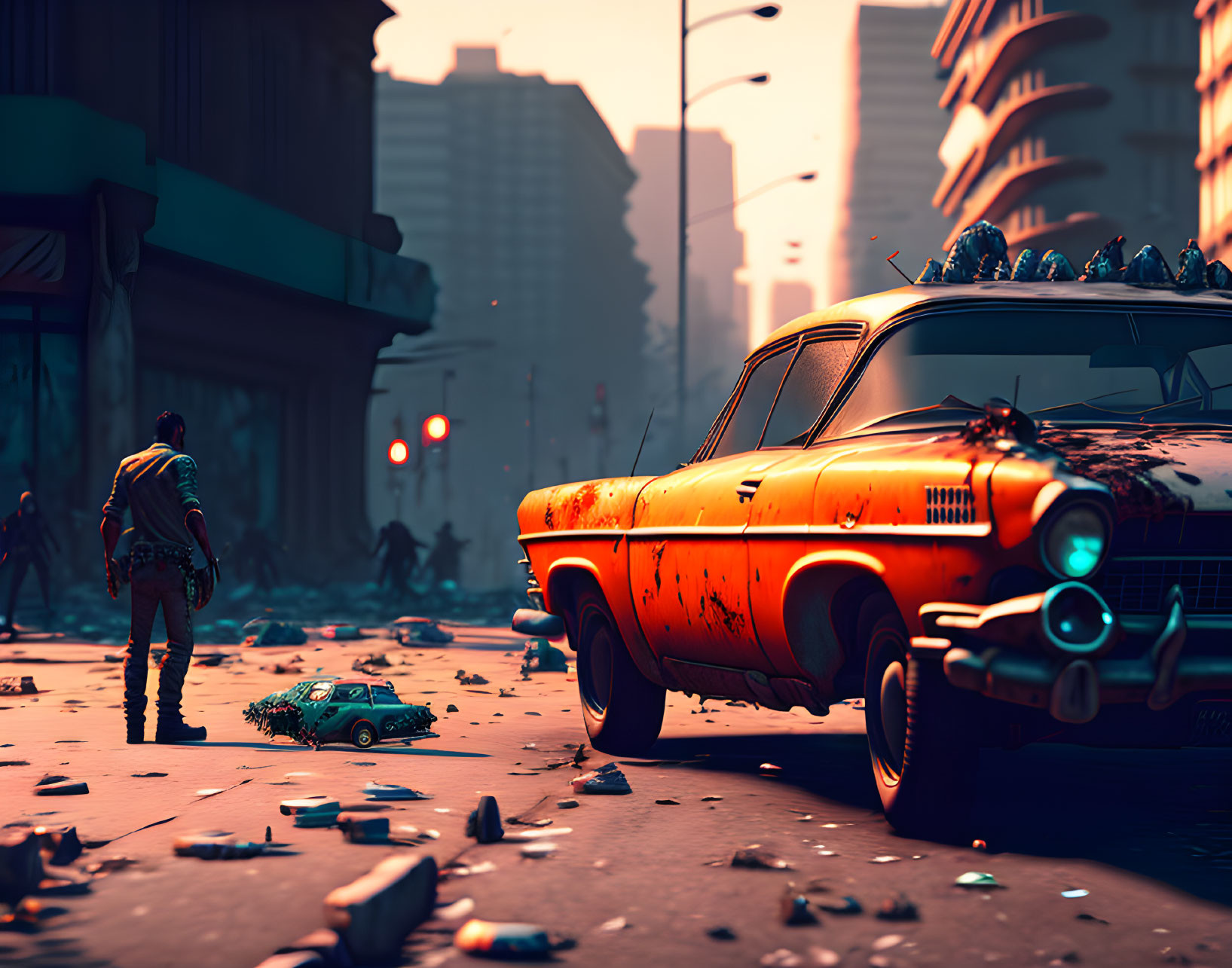 Person standing in front of dystopian cityscape with vintage orange car and debris under ominous sky