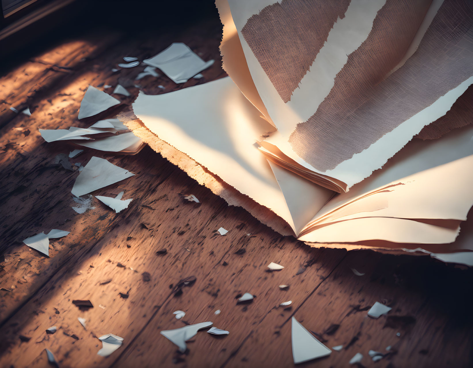 Torn book with scattered pages on warm wooden floor