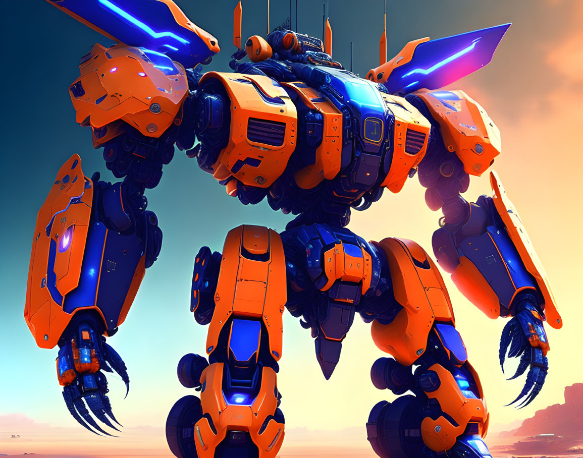 Futuristic mech robot with orange and blue armor and glowing energy wings against dusk sky