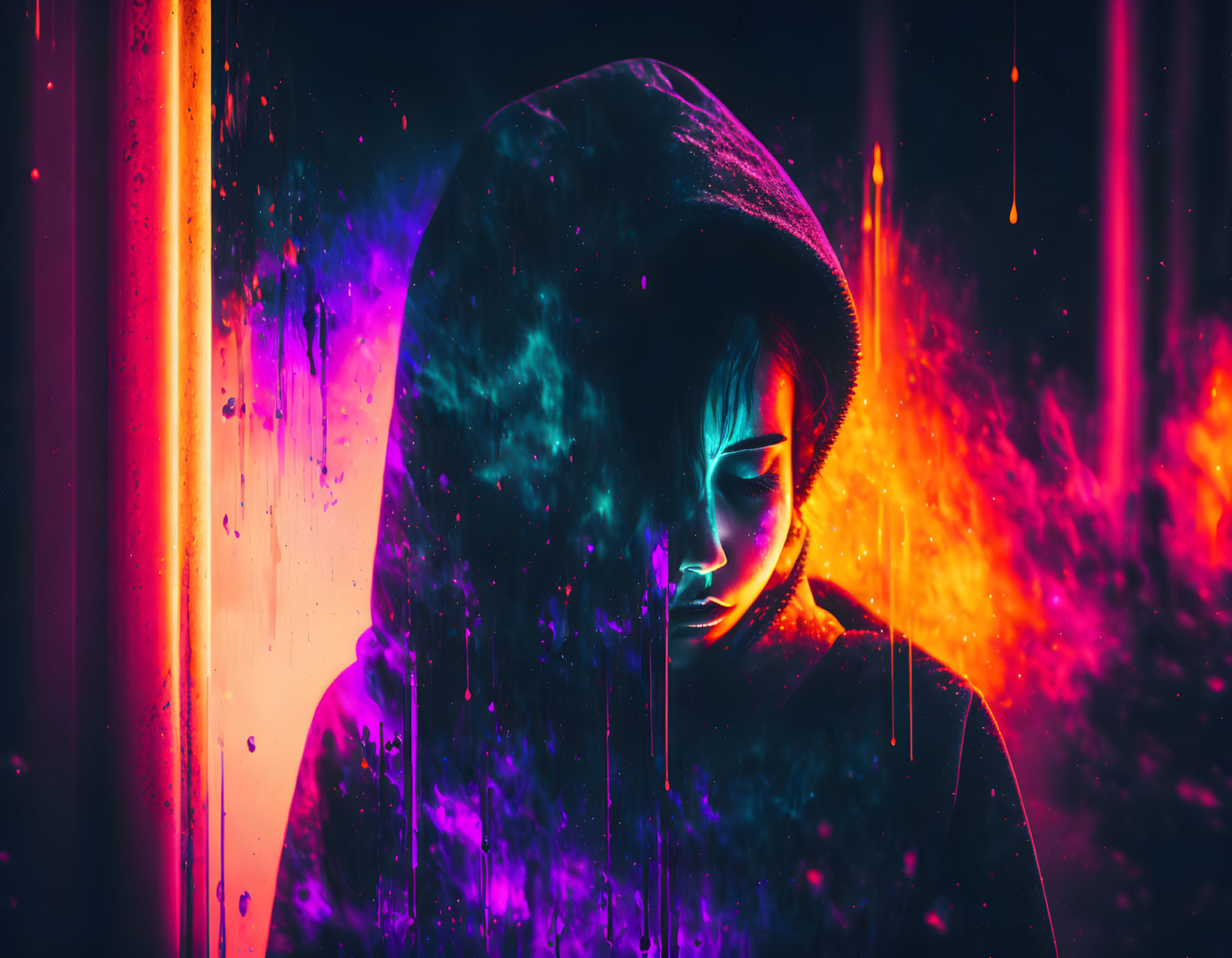 Hooded figure with vibrant neon glow and contrasting colors