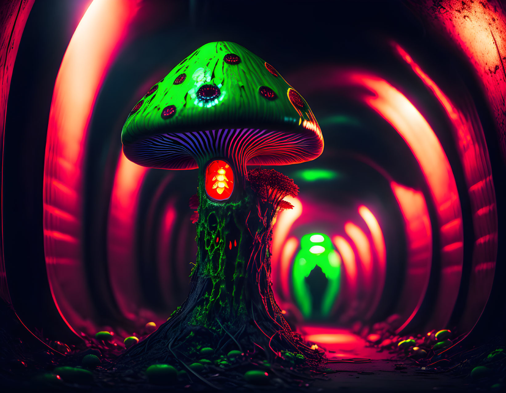 Fluorescent green mushroom with skull face in red-lit tunnel art