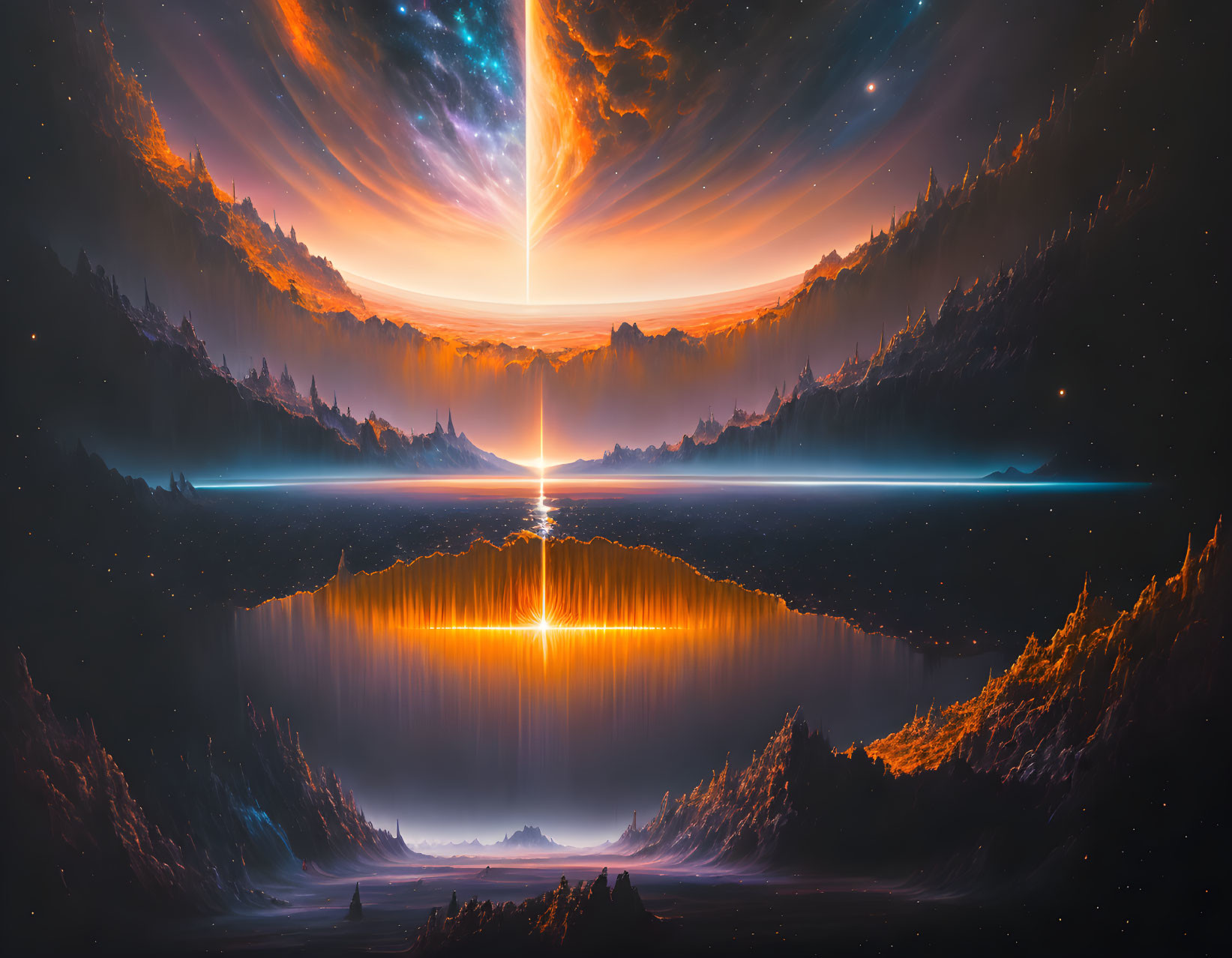 Surreal digital artwork of serene lake under fiery sky