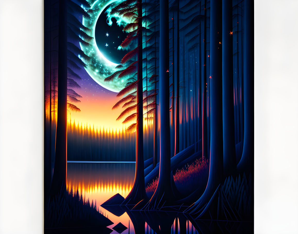 Digital artwork of forest at night with lake, starry sky, crescent moon, and sunset hues