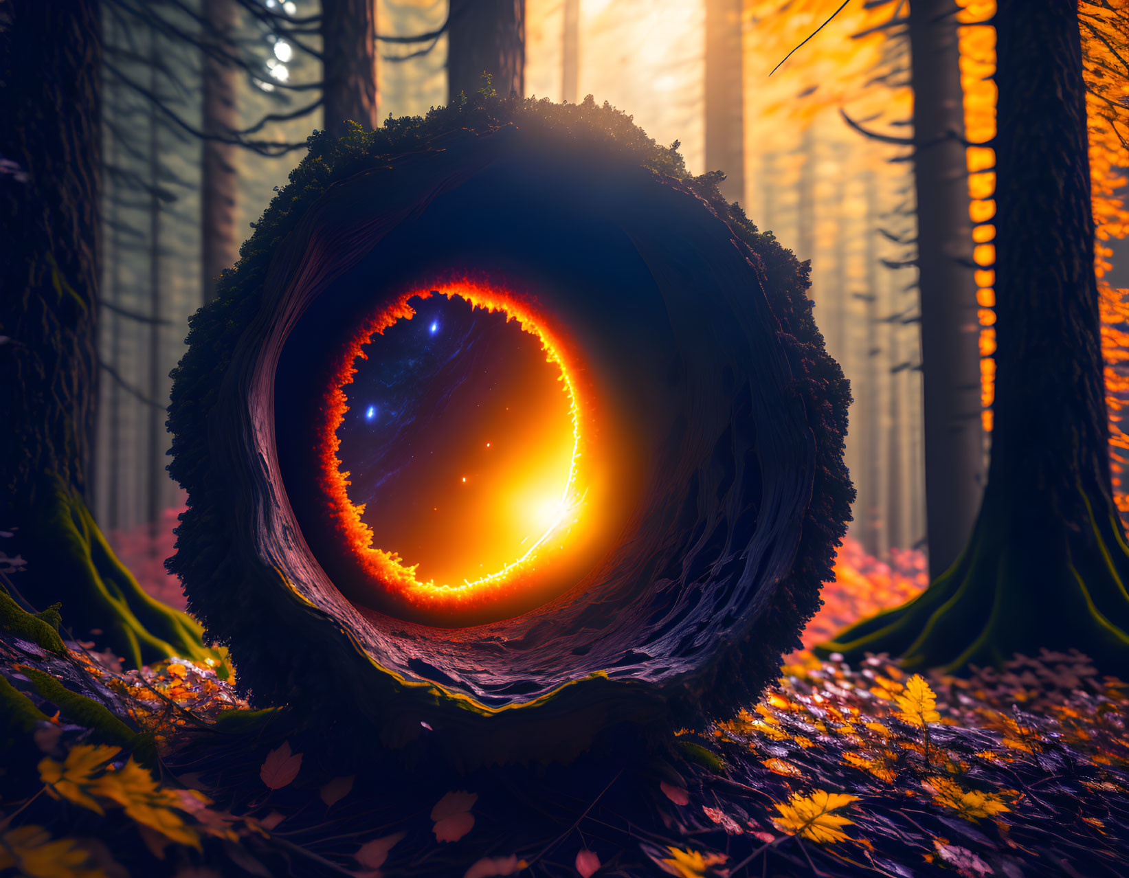 Mystical autumn forest scene with glowing hollow log