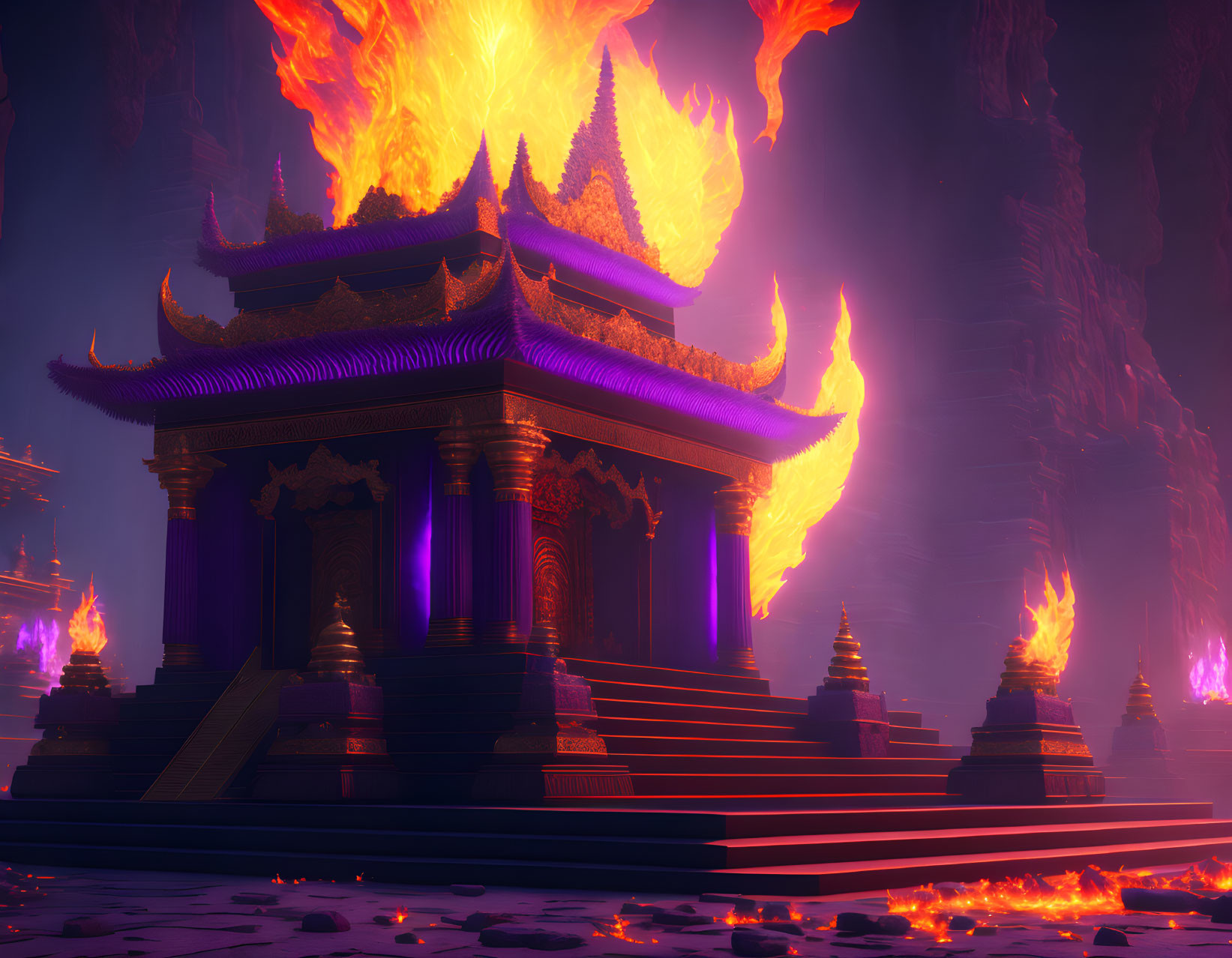 Mystical fiery temple with golden and purple architecture in flames