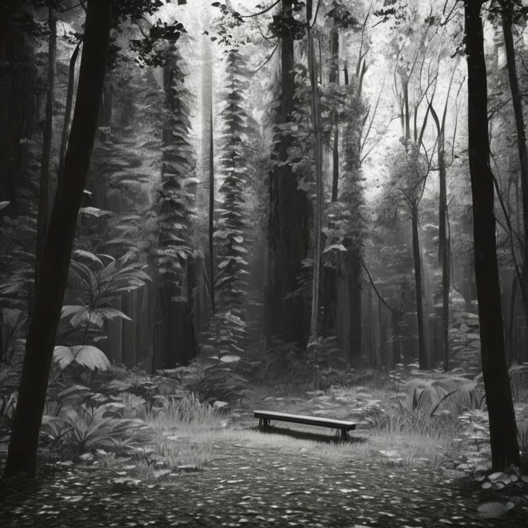 Tranquil forest scene with bench on path among tall trees