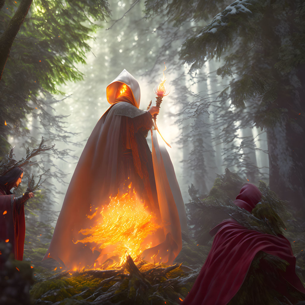 Mystical forest scene with cloaked figures and glowing flame staff