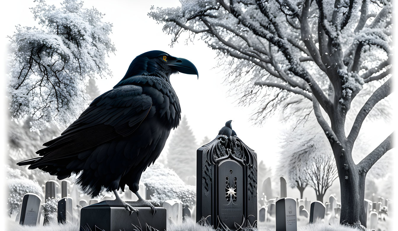 Black raven on tombstone in snowy graveyard