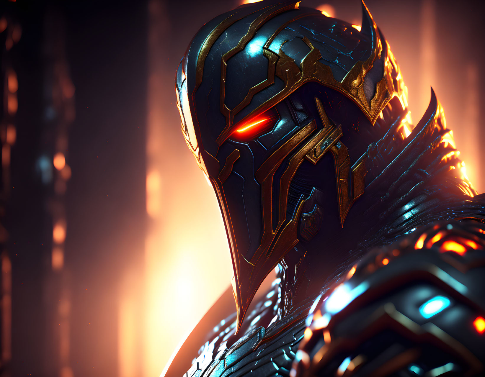 Armored warrior with glowing red visor in futuristic setting