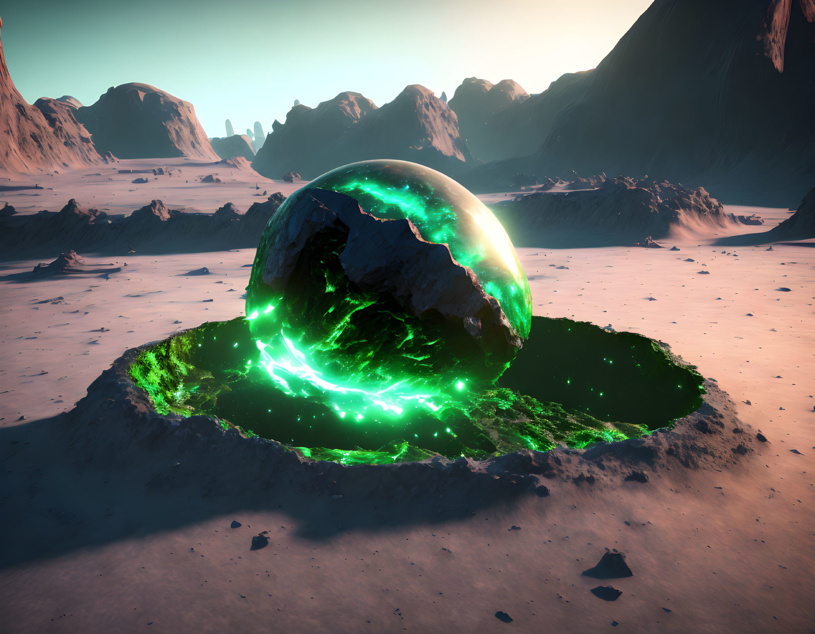 Green Crystalline Object Breaking Apart in Luminescent Liquid on Barren Landscape