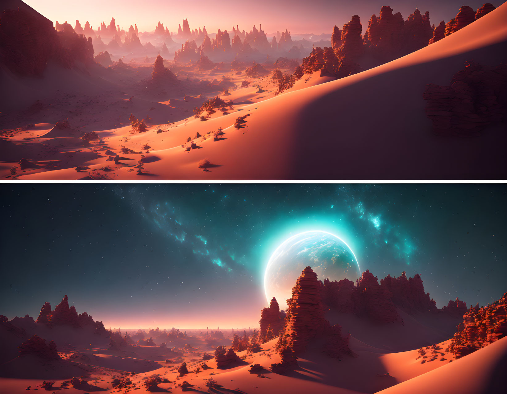 Split-image of desert landscape: dusk & night with moon & stars