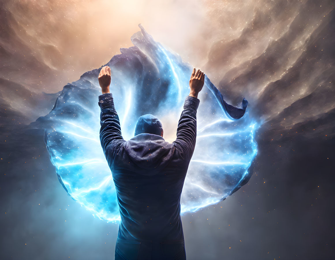 Person celebrating victory in cosmic setting with dynamic blue nebula.