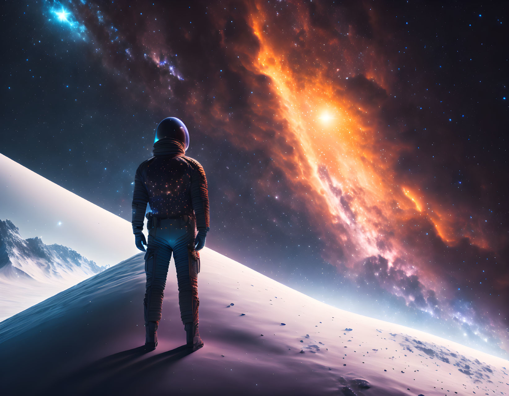 Astronaut on barren extraterrestrial landscape under vibrant cosmic sky