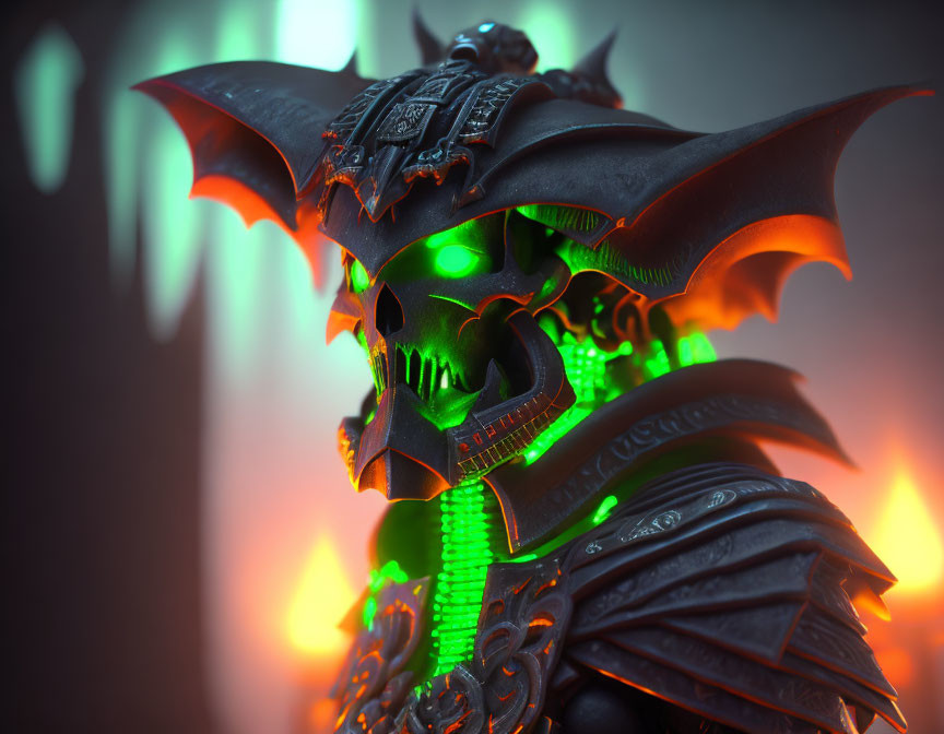 Fantasy armor helmet with glowing green eyes and bat-like wings