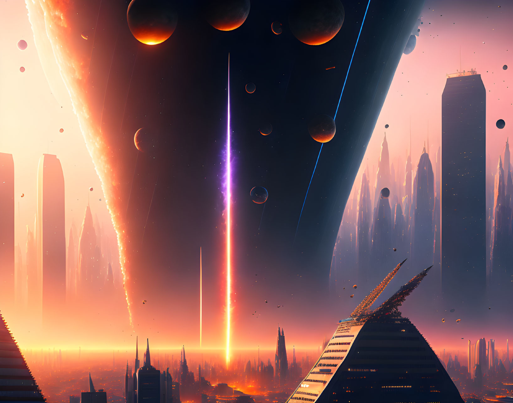 Futuristic cityscape with alien sky, moons, planet, and glowing sun